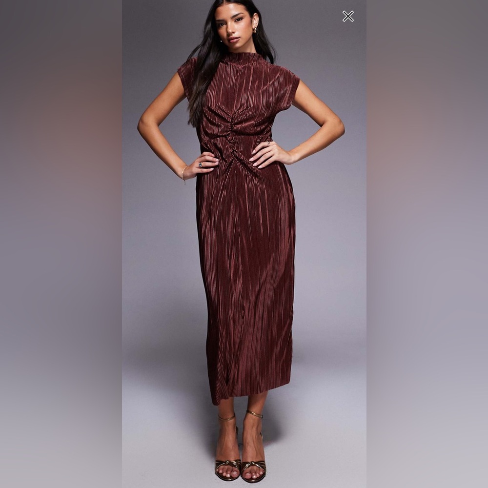 ASOS Plisse High Neck Ruched Detail Midi Dress
